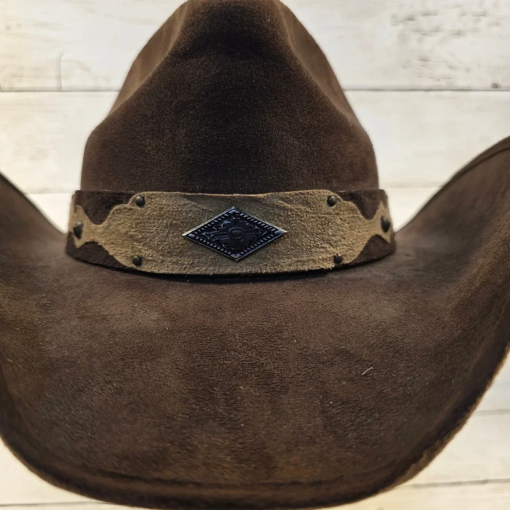 Run A Muck Brown Faux Suede Cowboy Hat Western Concho Beaded Drawstring Hat